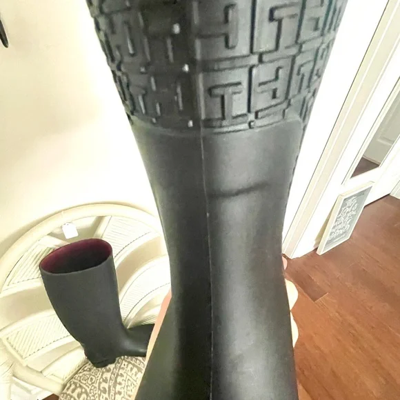 Tommy Hilfiger Black Raised Monogrammed Knee-High Rubber Rain Boots - Picture 11 of 14
